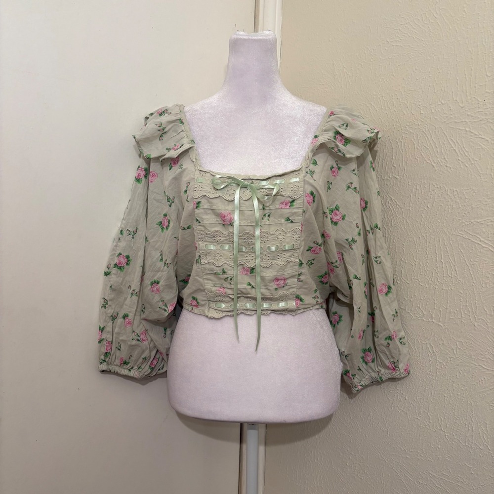 Pastel Sage Green Floral Eyelet Ribbon Puff Sleeve Cottagecore Cotton Crop Top 6